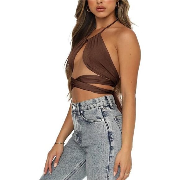 Brown Multi Way Wrap Halter Crop Top Backless Sexy Cutout Bandage Y2K Top - Picture 4 of 5
